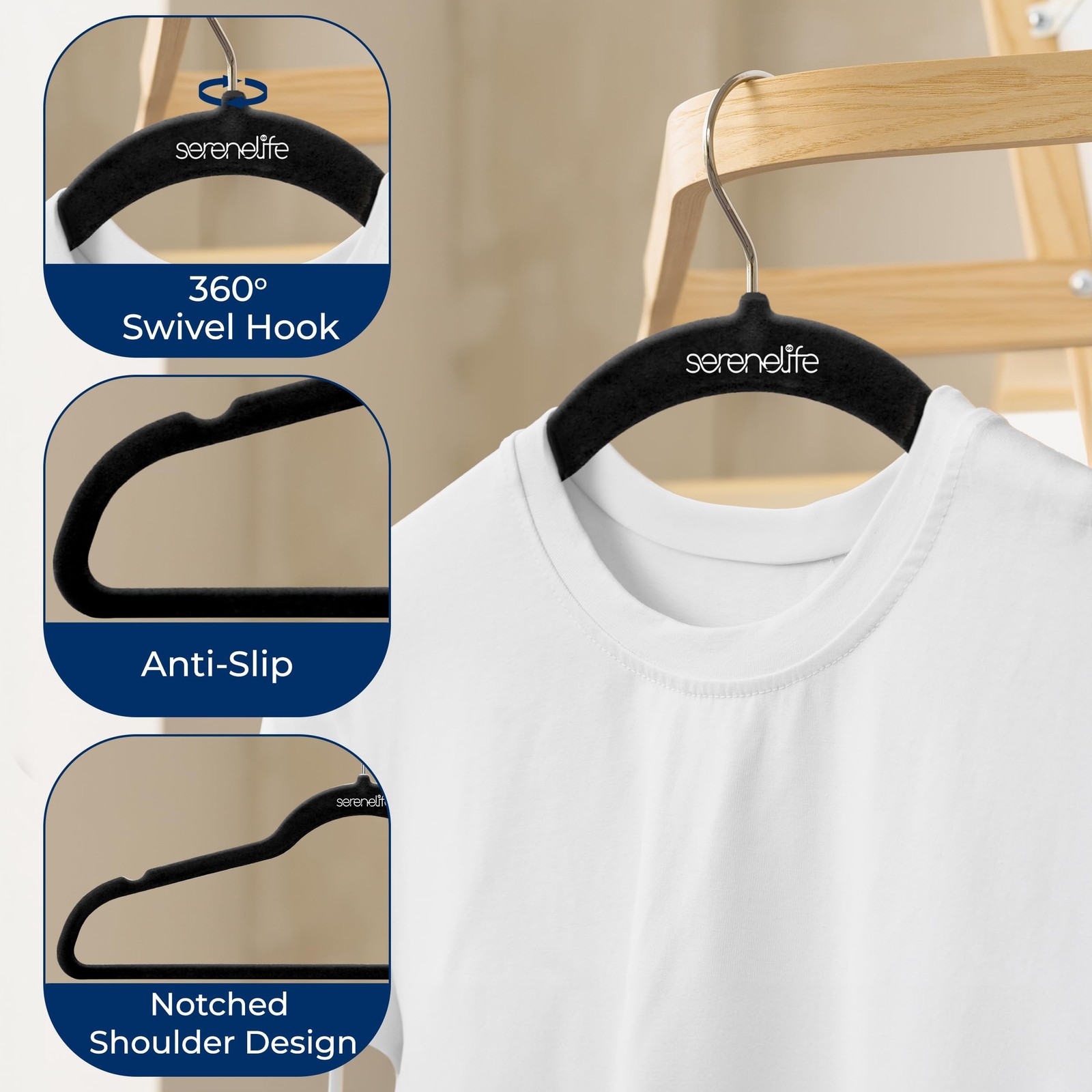 SereneLife SLHVEL1150 Non-Slip Velvet Hangers 150 Pieces Black 360 Swivel Hook