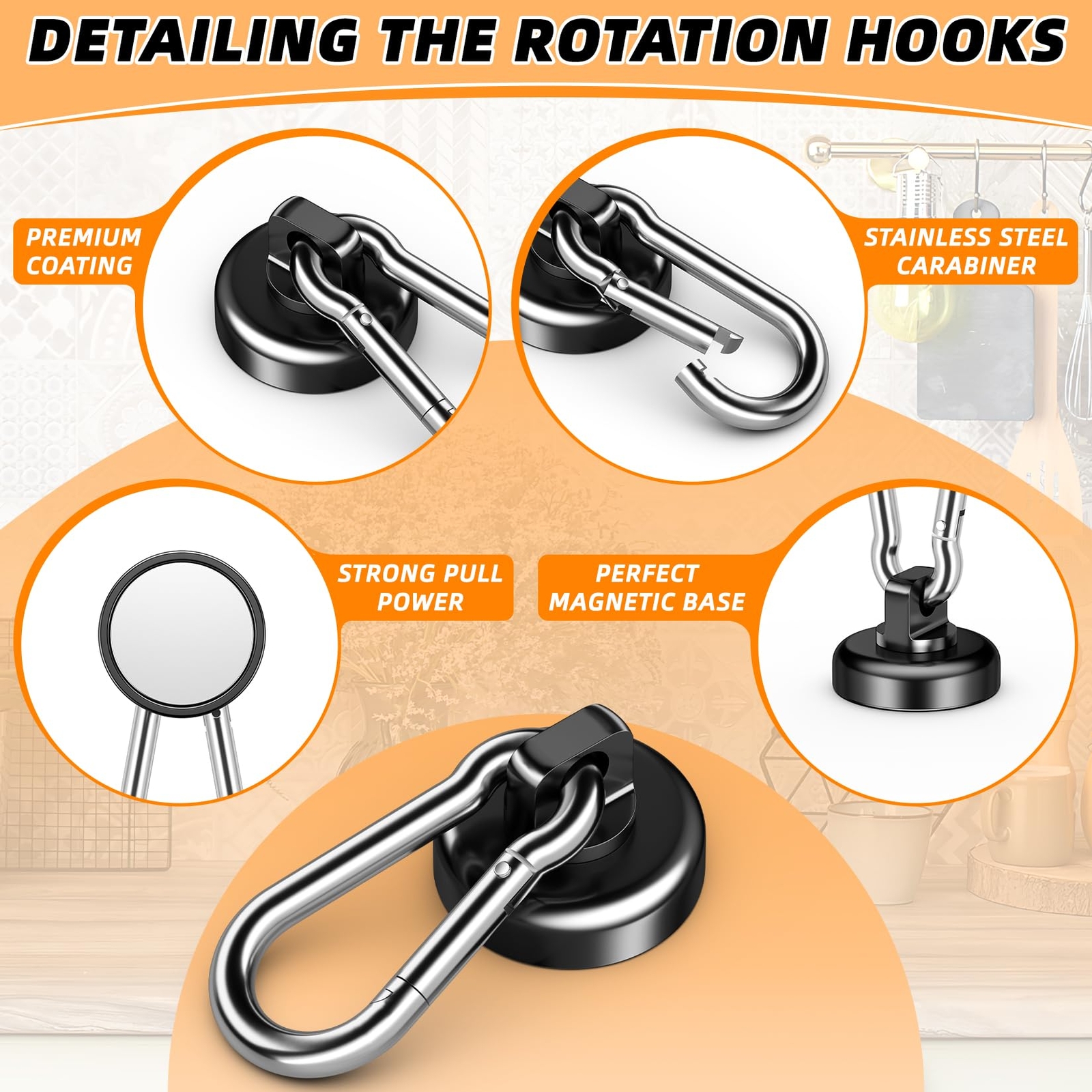 10-Pack Heavy Duty Magnetic Hooks with Swivel Carabiner 70LBS Capacity