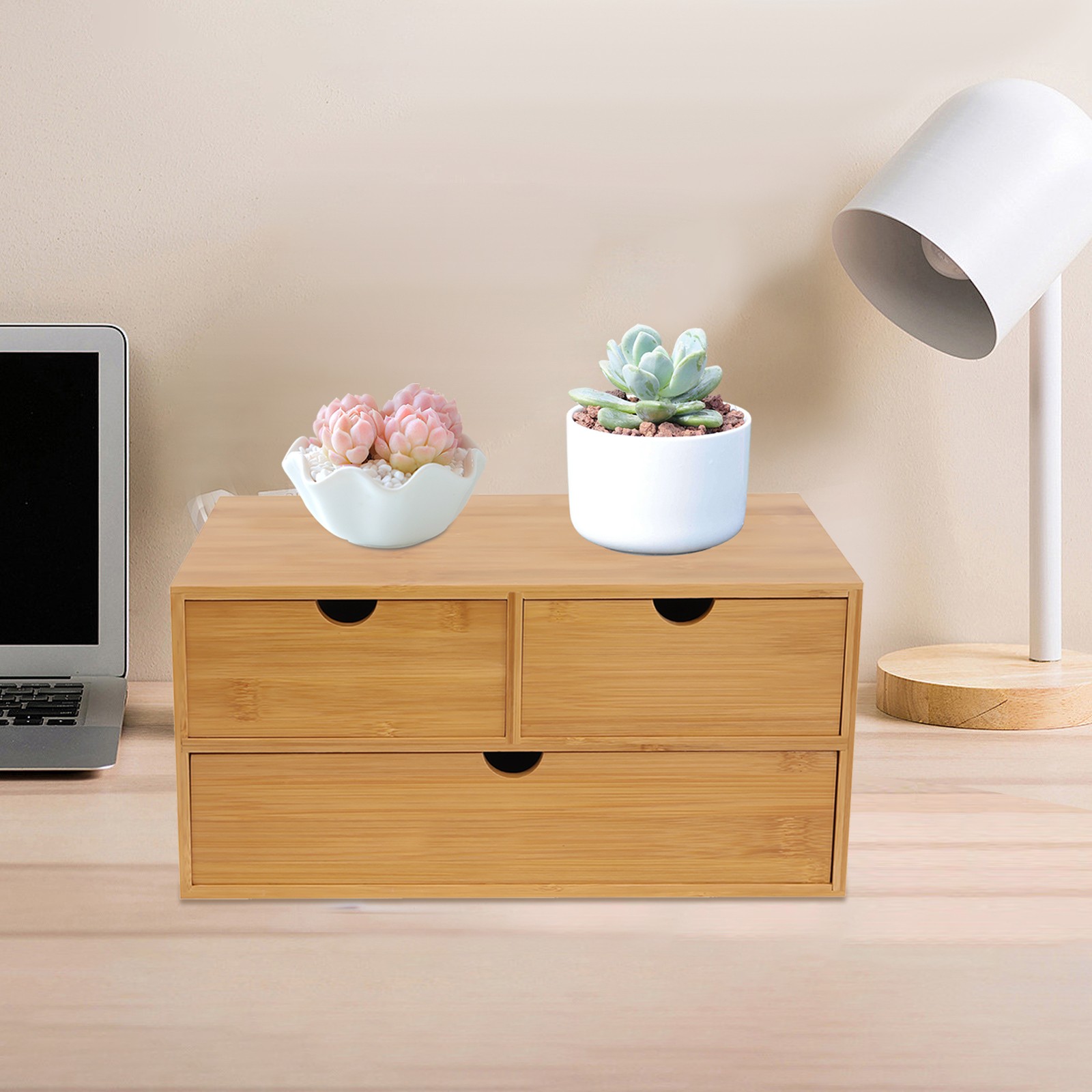 Tabletop Storage Box No Assembly Required Bamboo Desk Organizer with 3 Drawers