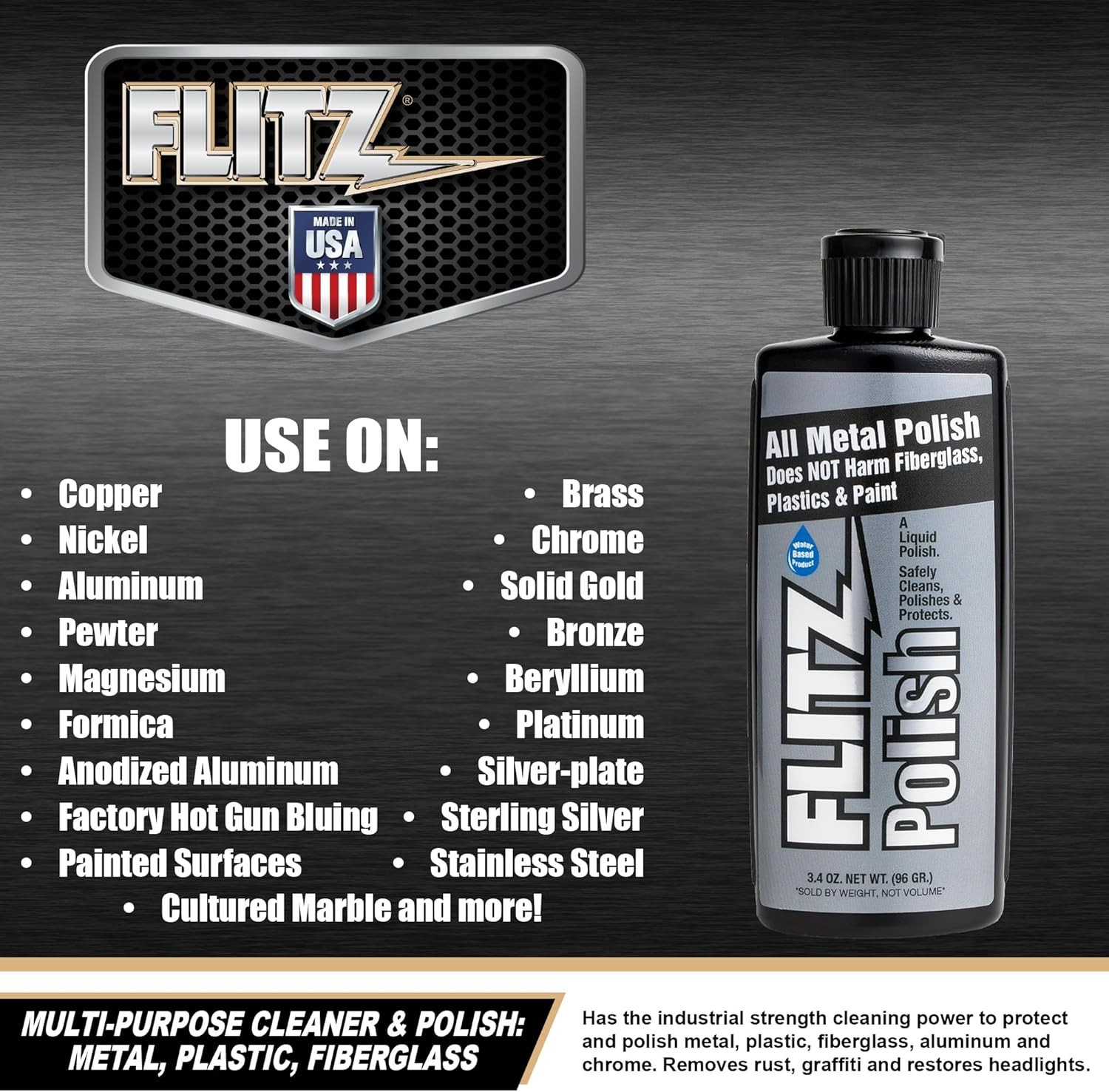 Flitz Multi Purpose Metal Polish Liquid – 3.4oz Bottle of USA-Made Tarnish Remov