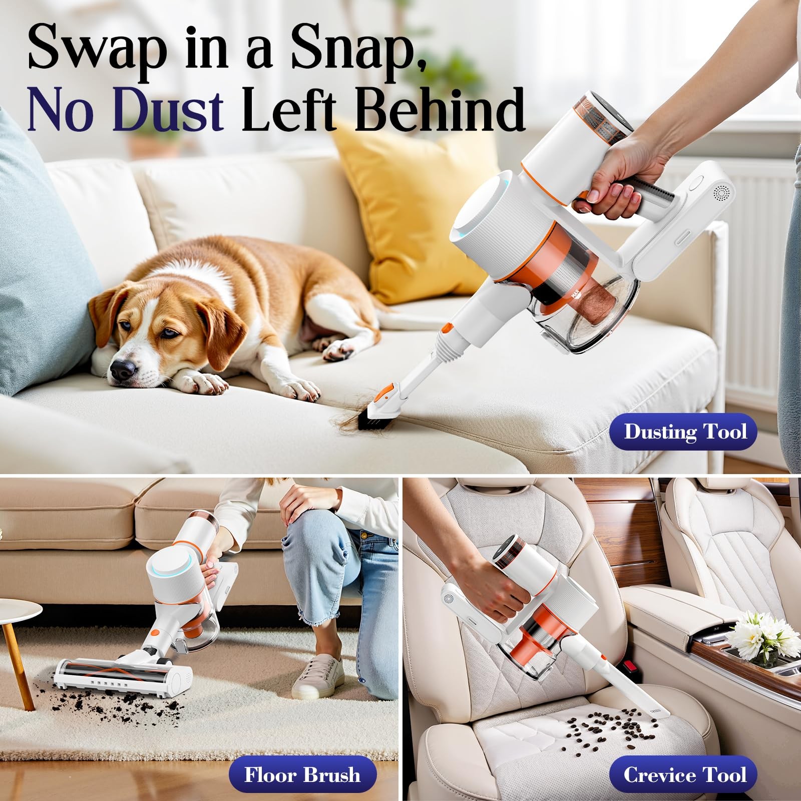 Cordless Vacuum Cleaner, Stick Vac with LED Touch Screen, 45KPA Powerful