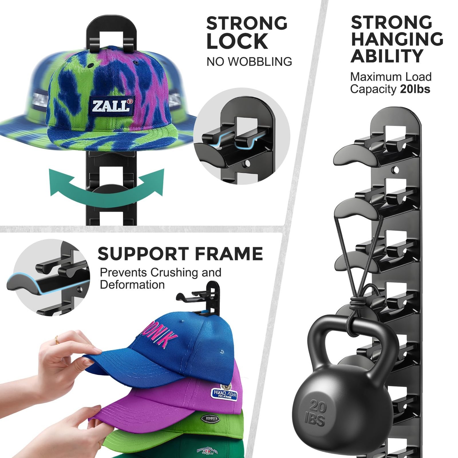 Hat Hook for Wall, 2 Pack Hat Organizer Hold up to 20 Hats,Hat Holder with