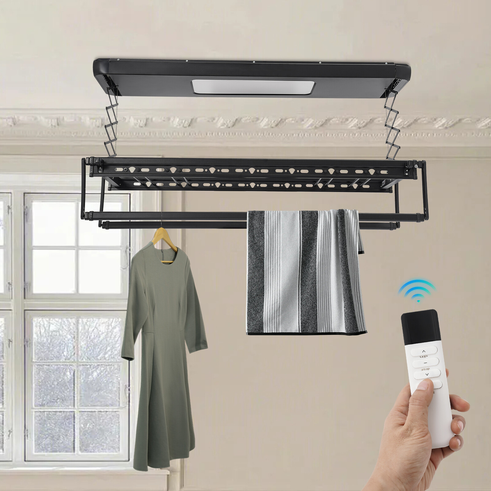 Electric Retractable Airing Rack Clothes Drying Rack W/ Remote Control & Light