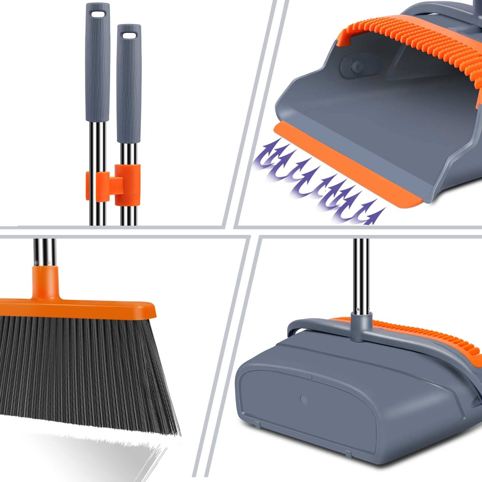Self Cleaning Broom and Dustpan with Teeth Indoor Outdoor Pet Hair Gray Orange