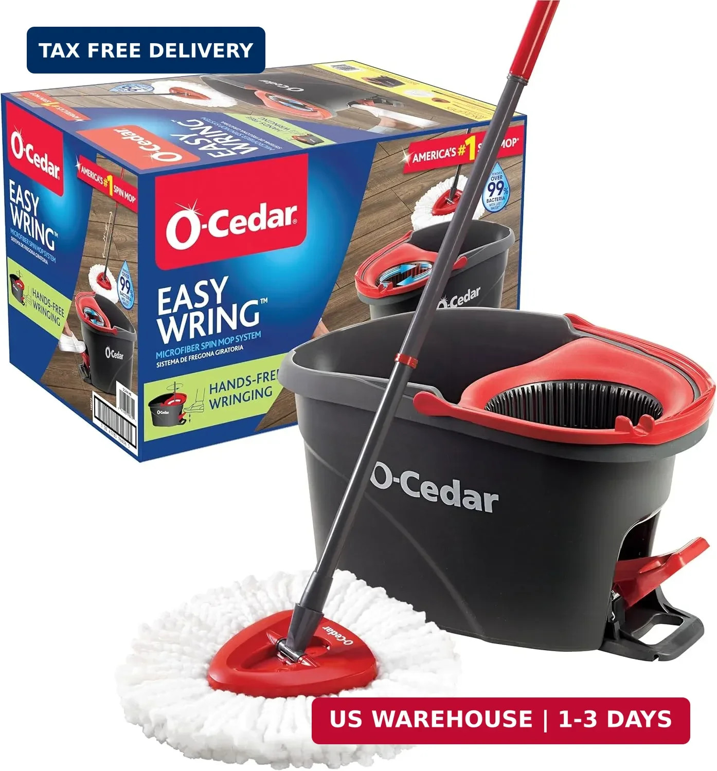 O-Cedar EasyWring Microfiber Spin Mop, Bucket Floor Cleaning System, Red, Gray,