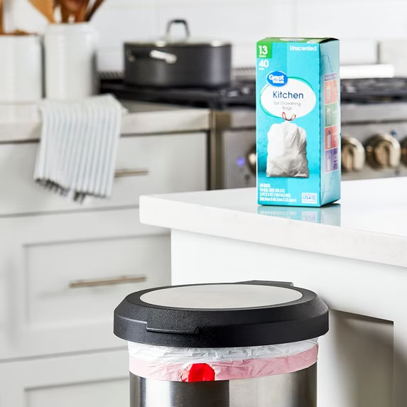 Great Value Tall Kitchen Trash Bags, 13 gal, Drawstring, Unscented, 40 Bags