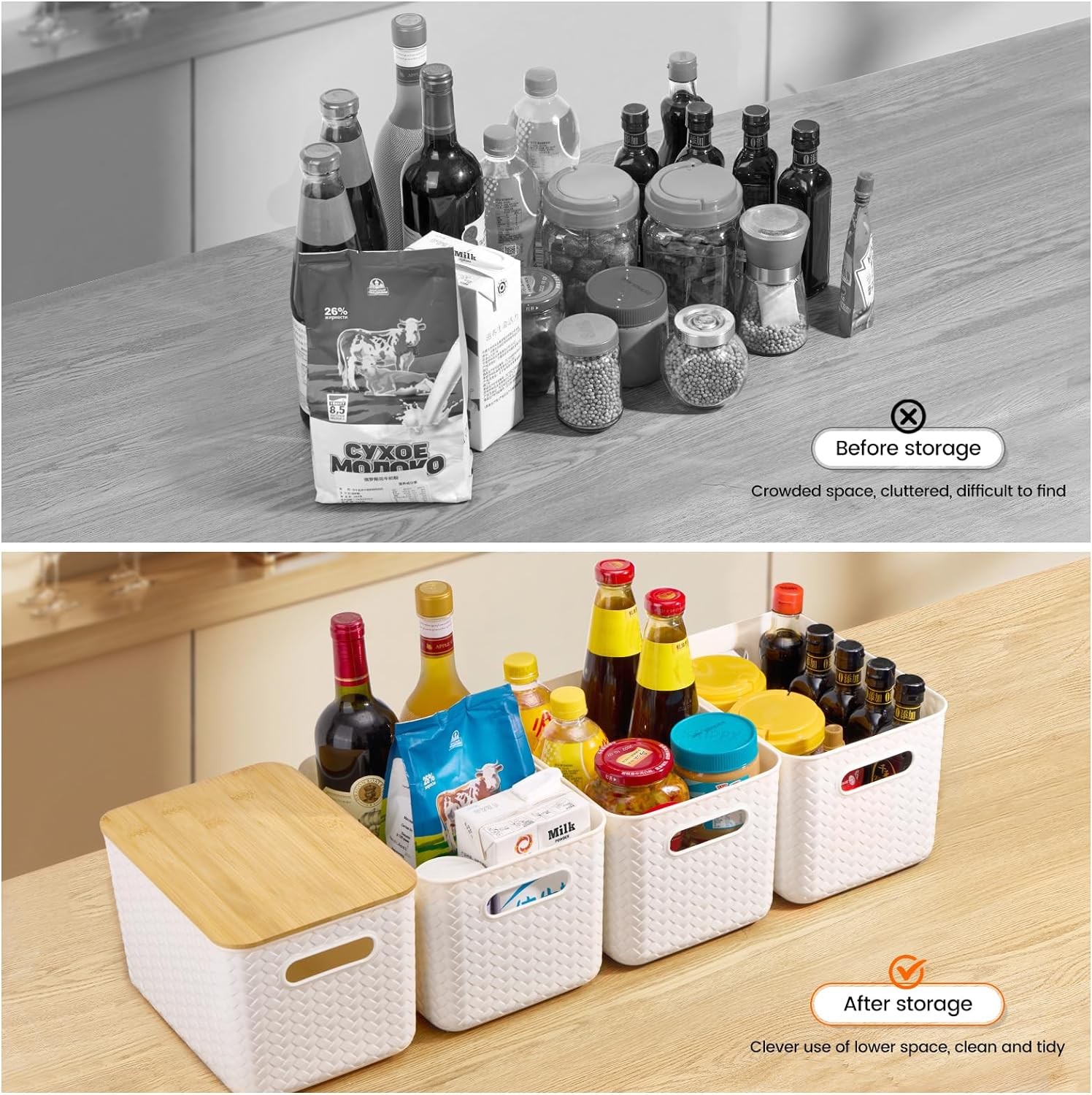 4 Packs Storage Bins with Bamboo Lids -Plastic Storage Containers Storage Box