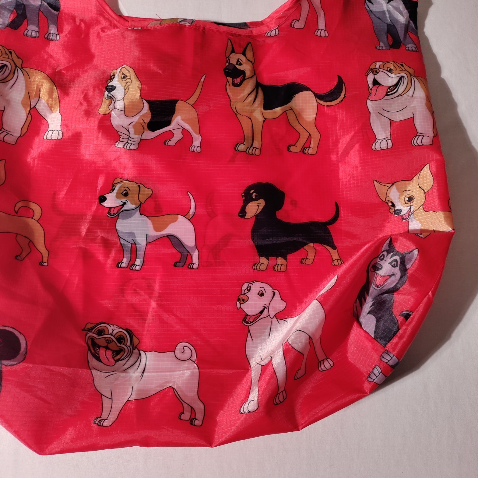 BeeGreen Reusable Nylon Shopping Tote Red Bag with Dogs All Over