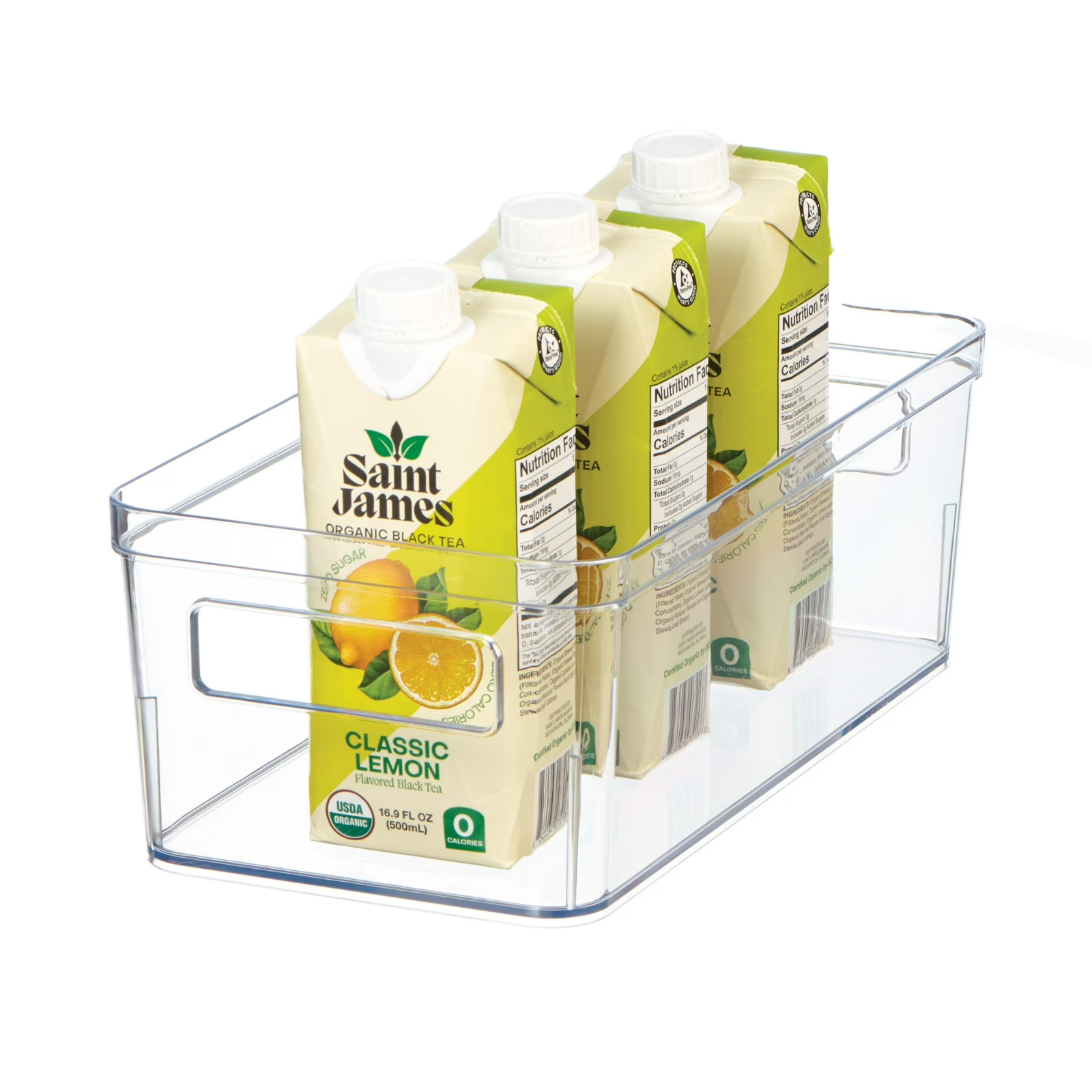 Medium Clear Plastic Pantry Storage Organizer Bin with Handles, 12 in x 6 in x