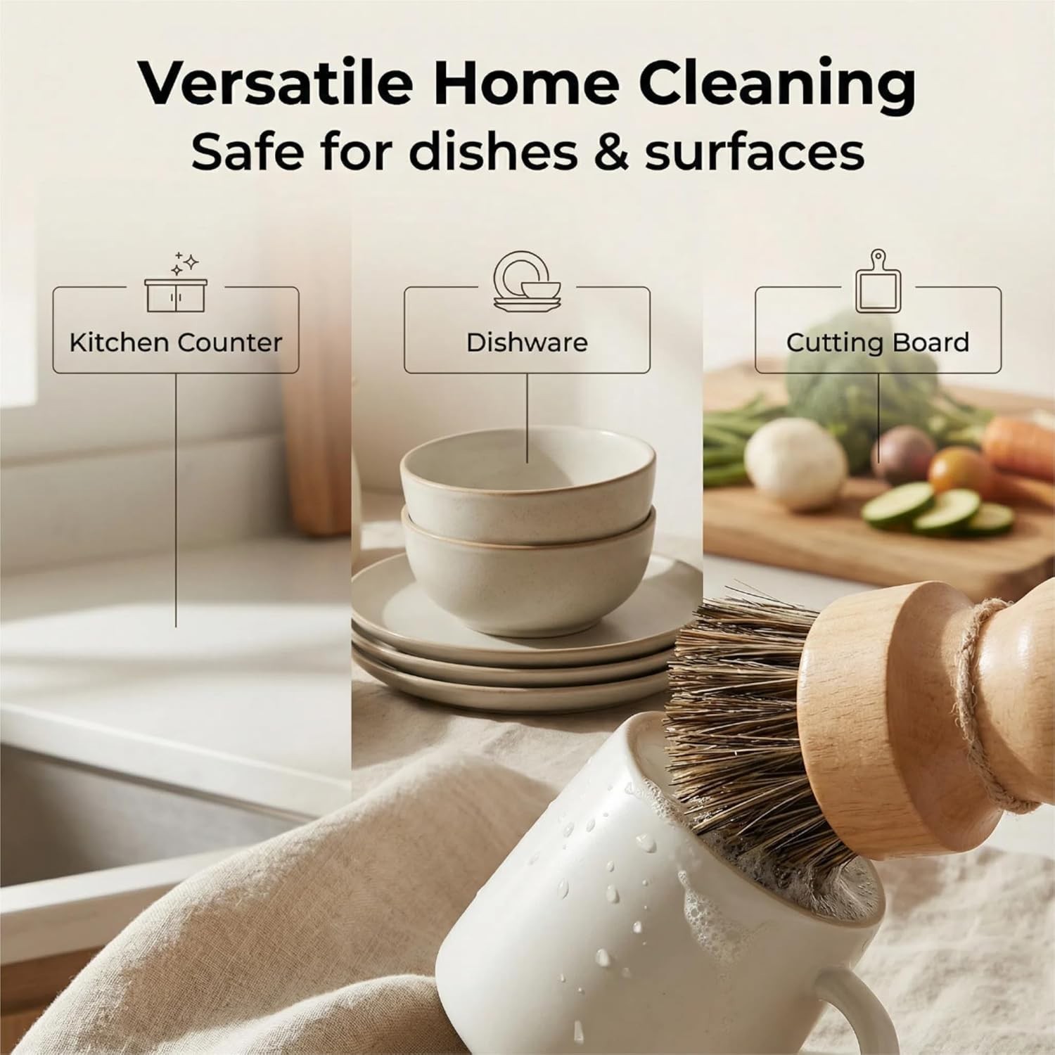 Wooden Dish Scrub Brush – Natural Fiber Kitchen Dish Scrubber Set, for Cleani…
