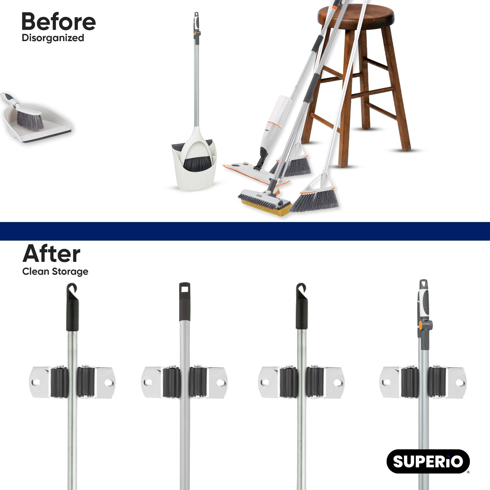 Superio Mop and Broom Holder, Wall Mount Heavy Duty, Single Piece Hooks Set