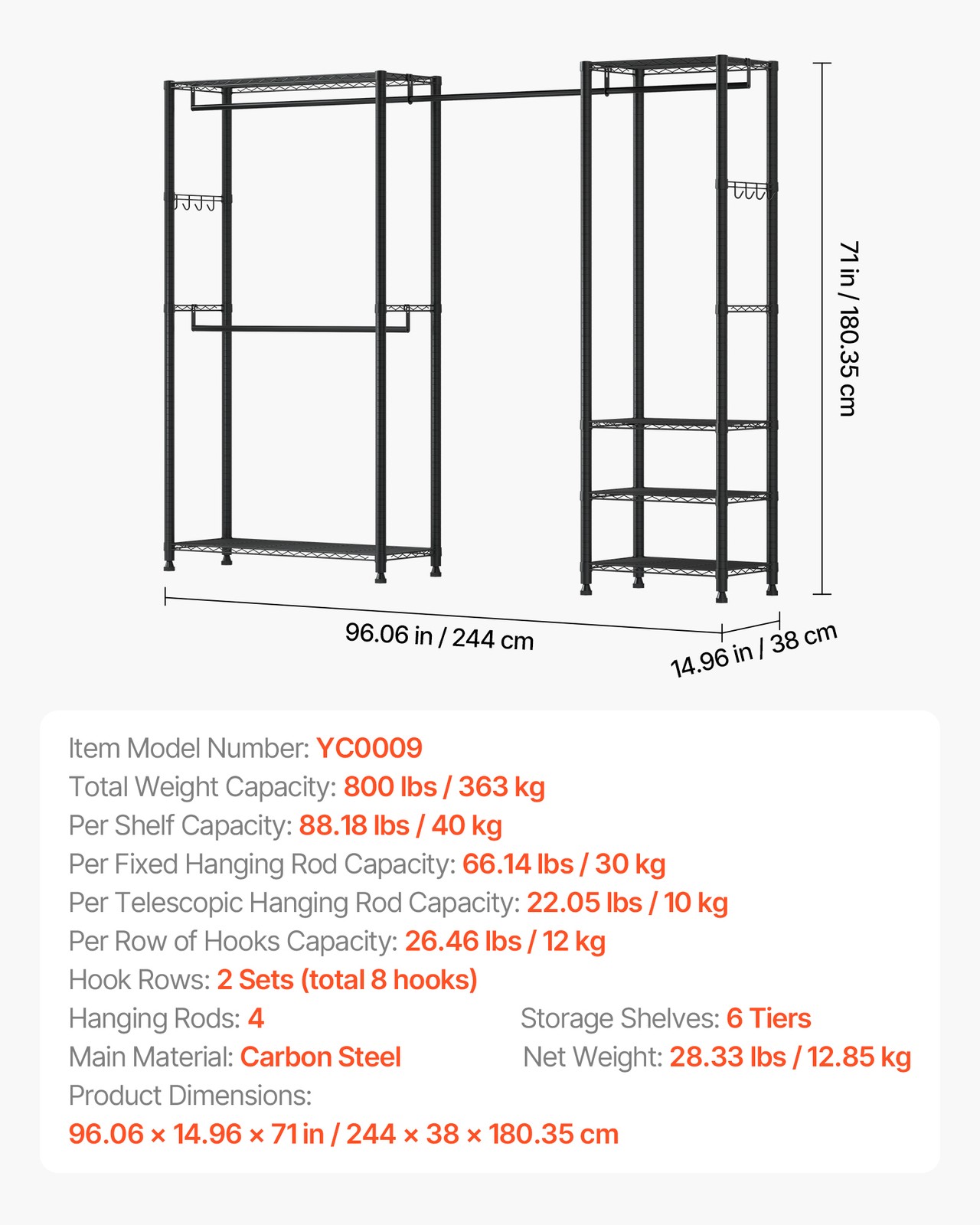 VEVOR Clothes Garment Rack Freestanding Closet Wardrobe Rack Carbon Steel Frame