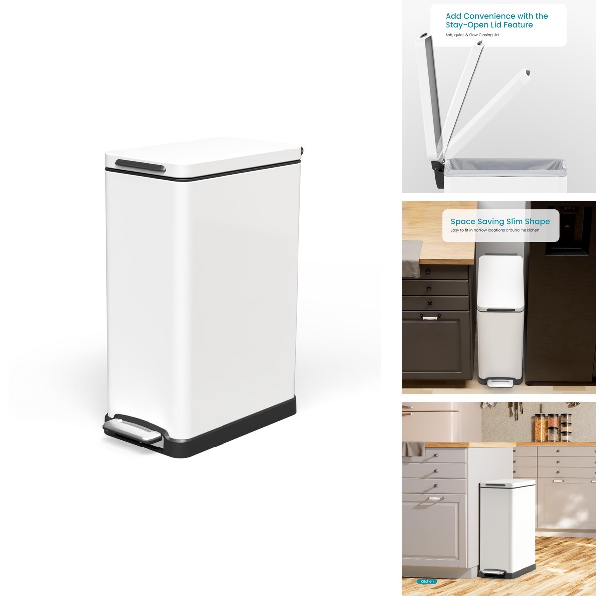 Home Zone Living VA42384A Slim Kitchen Trash Can 12 Gal 45L Matte White