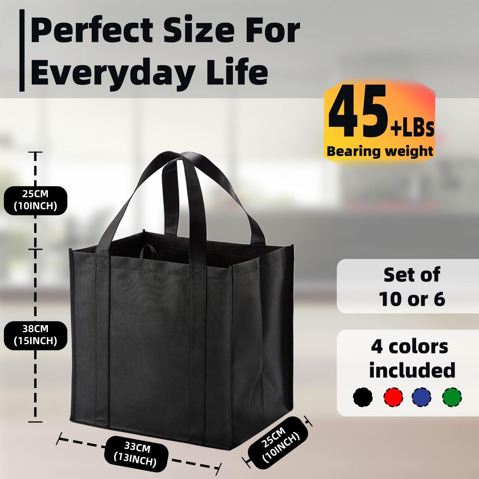6 Pack Reusable Reinforced Handle Grocery Bags Totes Load 45 lbs Washable