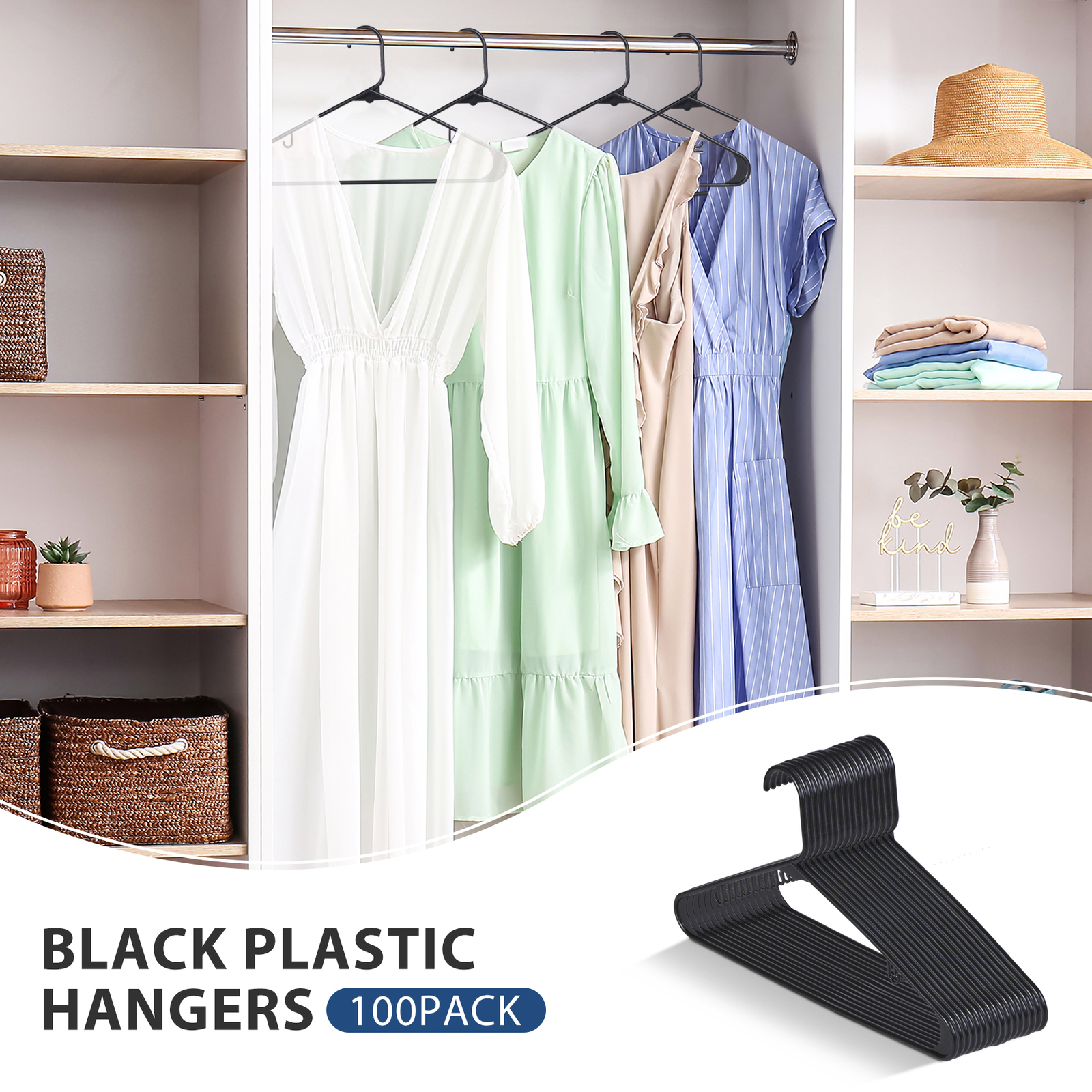 100 Pack Black Plastic Hangers Standard Thick Clothes Hangers with Double Hooks