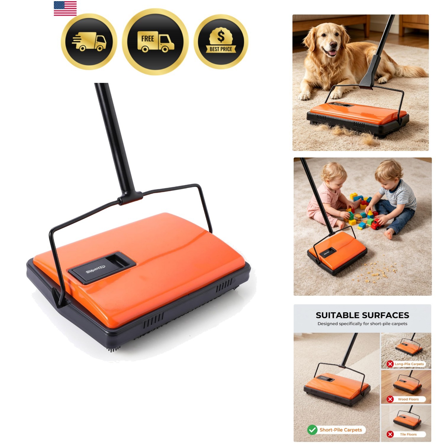 Lightweight Manual Carpet Sweeper for Pet Hair – Quiet & Eco-Friendly Solution