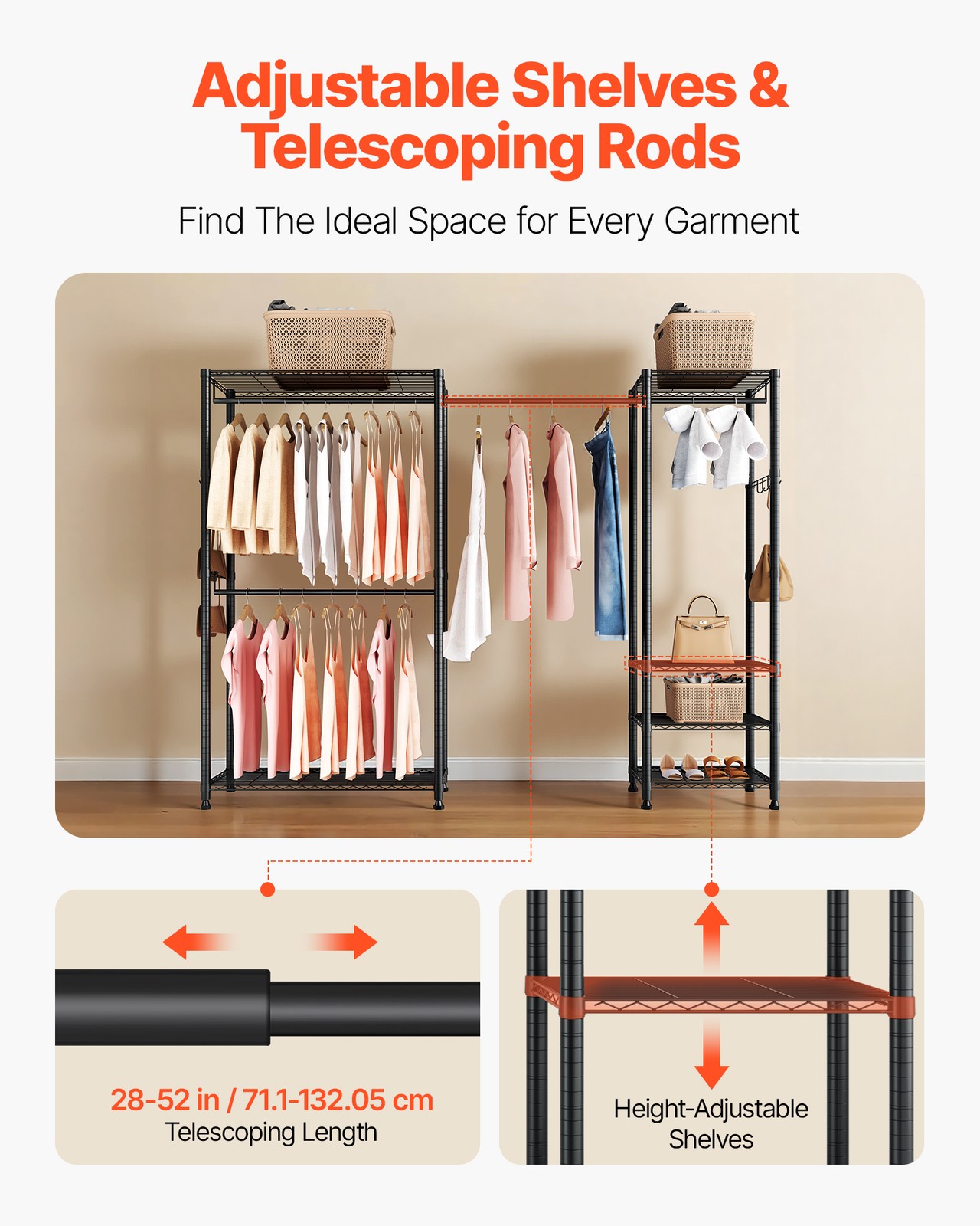 VEVOR Clothes Garment Rack Freestanding Closet Wardrobe Rack Carbon Steel Frame