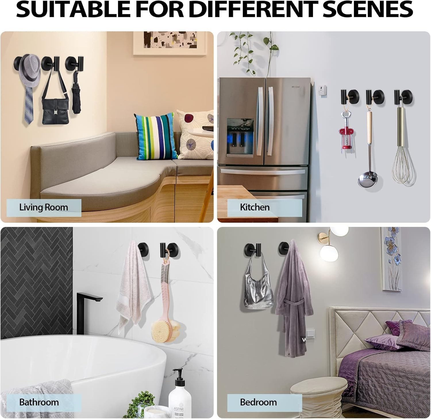 Towel Hooks Bathroom,2 Packs Wall Mount Towel Holder,Black Matte Wall Robe