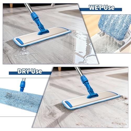 18″ Microfiber Flat Mop with Stainless Steel Handle, 360° Spin, 2 Washable Pads
