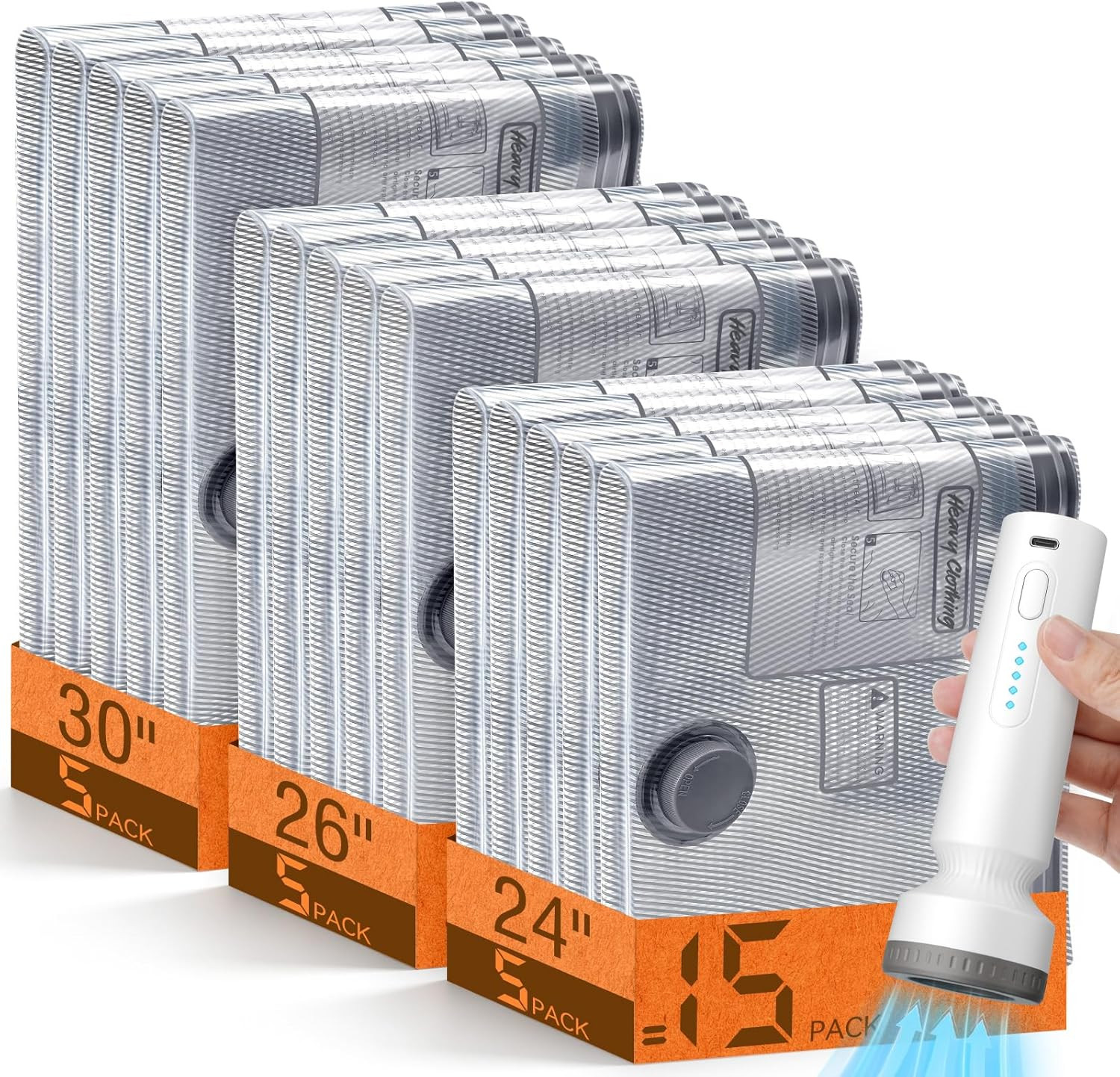 15 Pack Vacuum Storage Bags for Travel with Rechargeable Cordless Pump, Space Sa