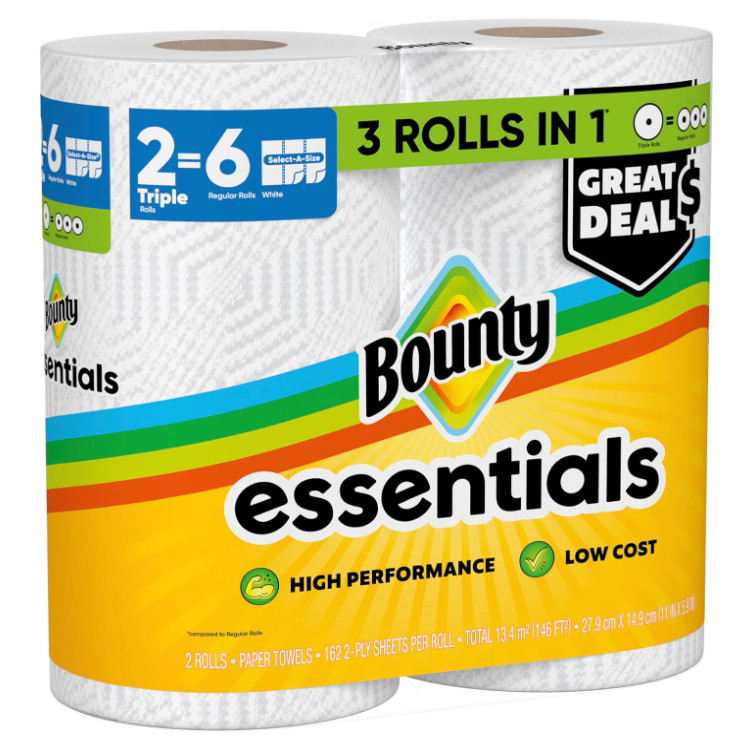 Bounty Essentials Select-A-Size Paper Towels, White, 2 Triple Rolls = 6 Regular