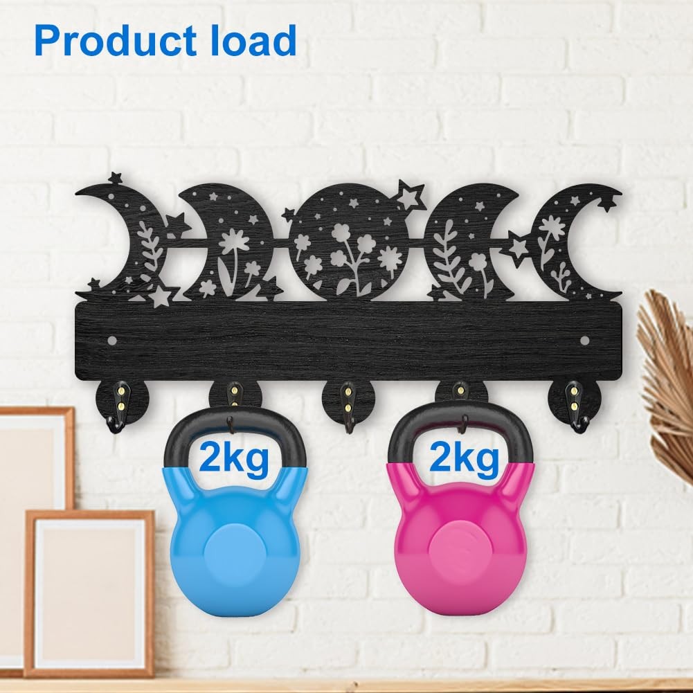 Moon Phase Star Coat Rack Wall Mount Wooden Floral Moon Key Holder for Wall 1…