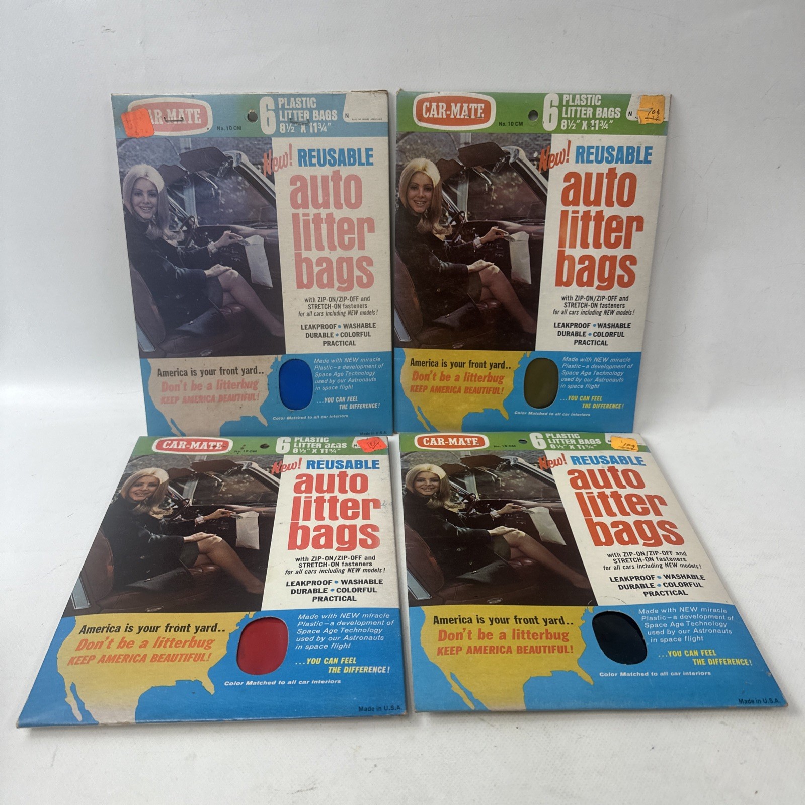 Lot Of 4 Car-Mate No.10CM Reusable Auto Litter Bags New NOS Black Blue Red Gold