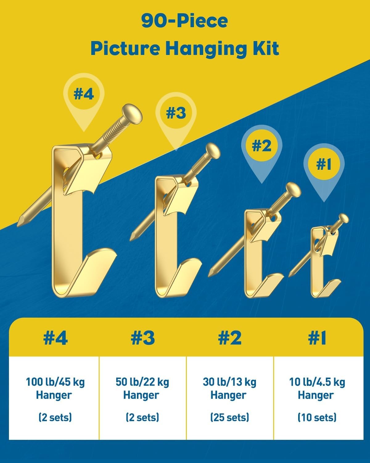 HeavyDuty Picture Hanging Kit 90 Pcs 10 30 50 100 lb Hooks for Drywall Wood