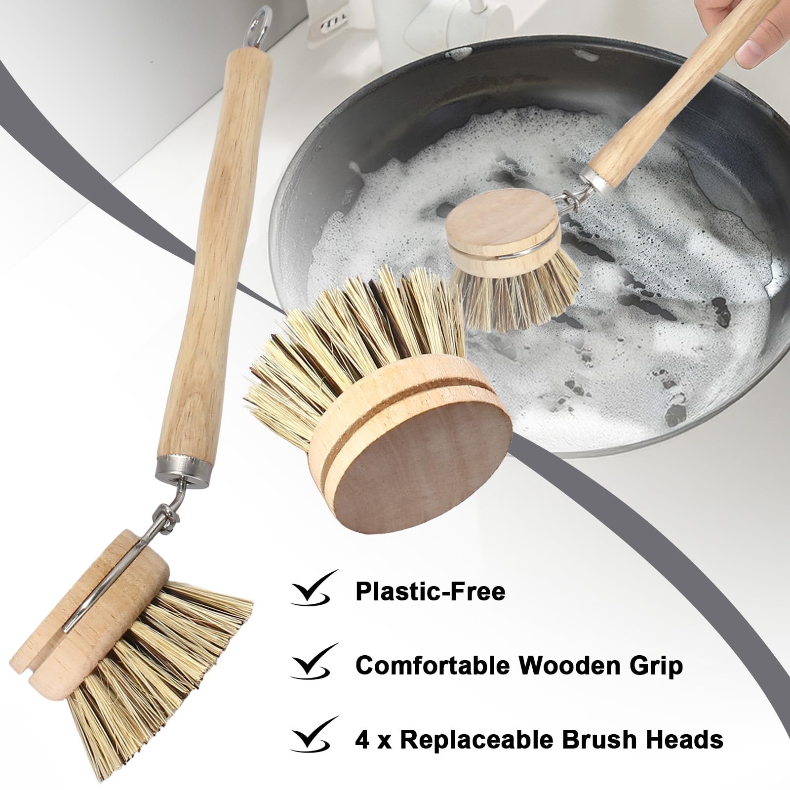 4PCS Wooden Dish Brush Set Natural Palm Bristles Wood Handle for Eco Kitchen