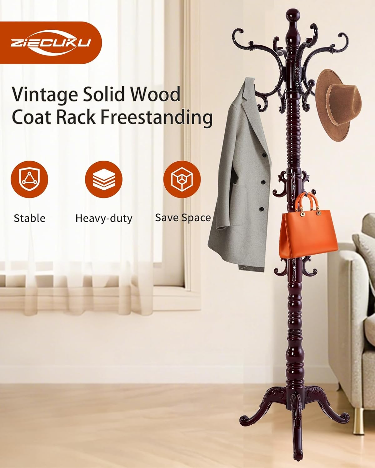 Wooden Coat Rack Freestanding Solid Wood Coat Rack Stand W/ 14 Hooks Vintage