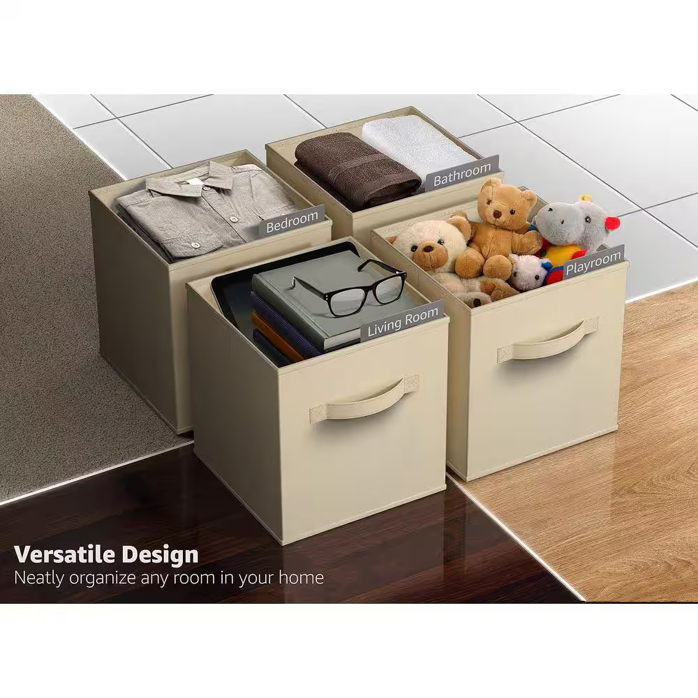 Foldable Storage Cubes with Handles Beige 10.5 In. X 11 In. Fabric Decorative Ba