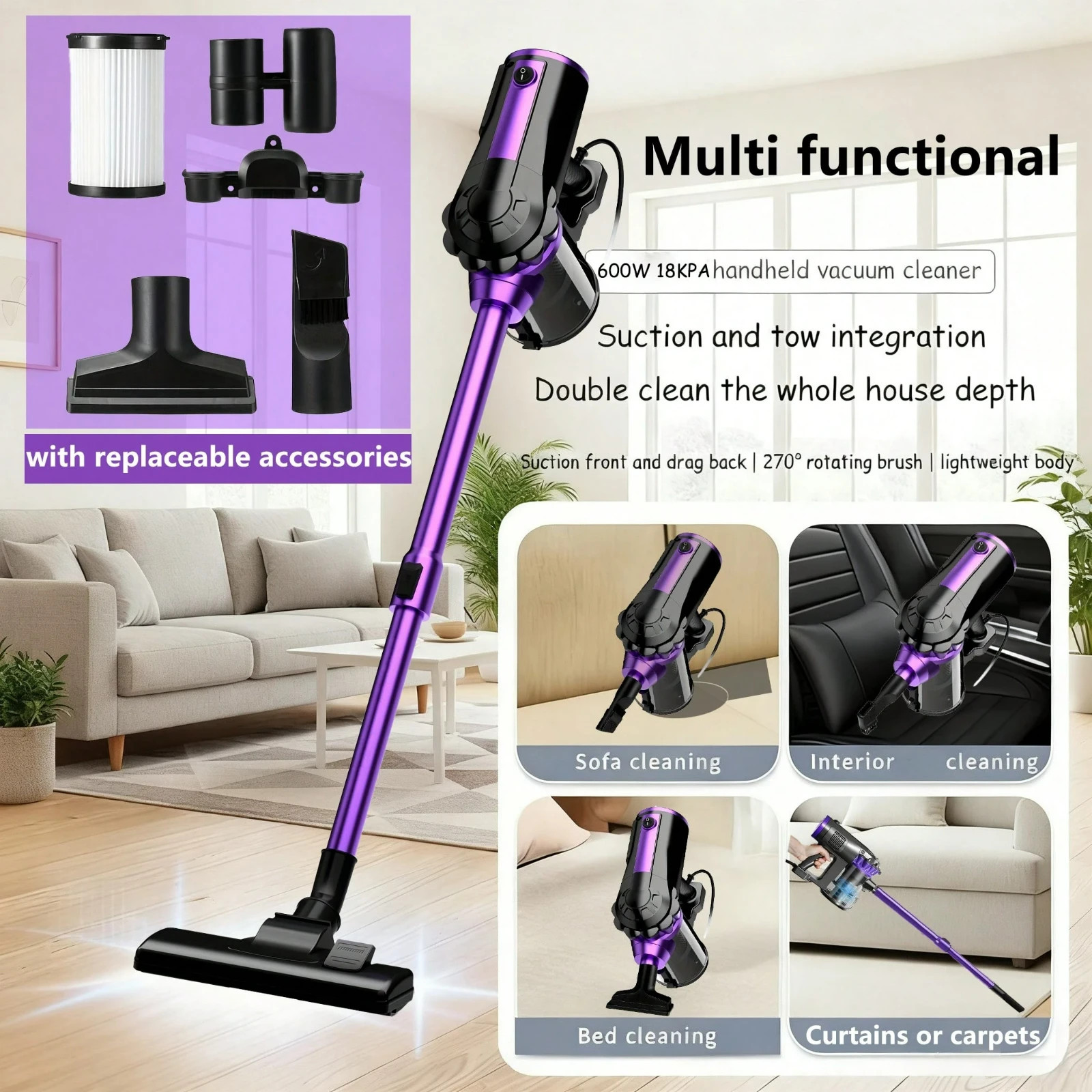 New 18KPA 600W Corded Vacuum Cleaner 5M Cable Handheld Upright Blower Free