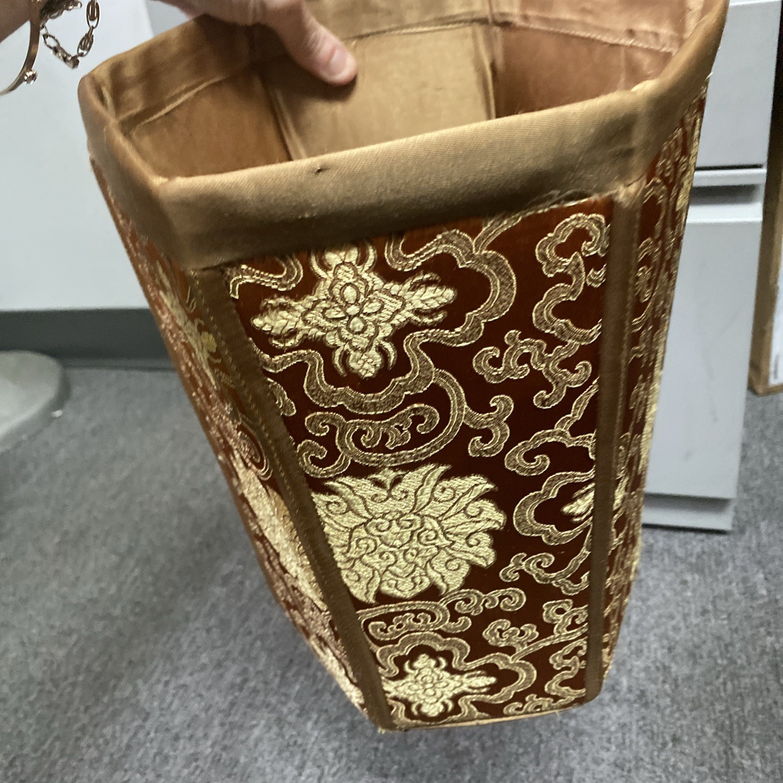 VTG Chinese Silk Brocade Hexagonal Waste paper Trash Basket Mcm 11.5x9x8″
