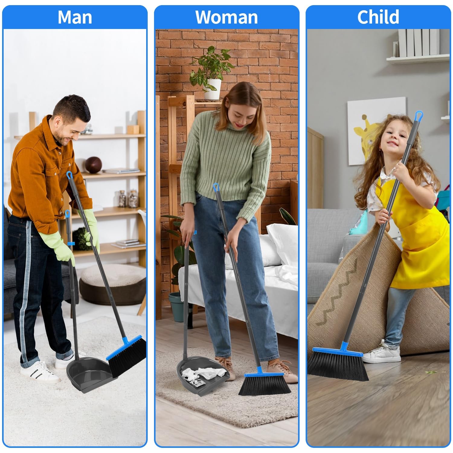 REEWII Broom and Dustpan Set ，Long Handle Broom with Upright Standing Dust pa…