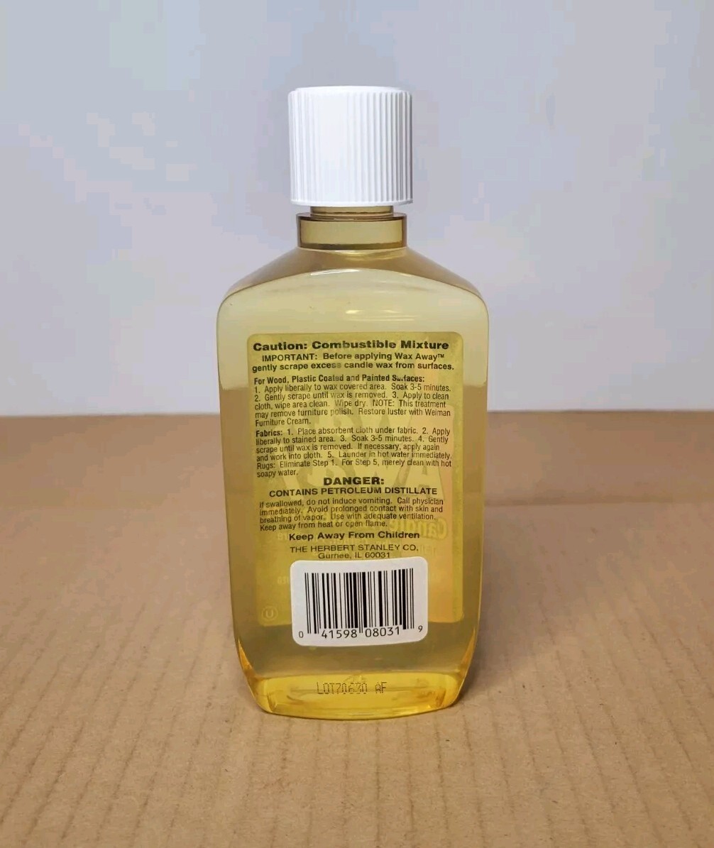Weiman Wax Away Candle Wax Remover Fabrics 8 fl oz White Cap Bottle – NEW SEALED
