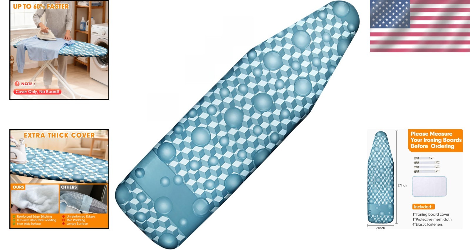 Scorch Resistant Berry Blue Ironing Board Cover 21×57 | Extra Thick 6mm Padding