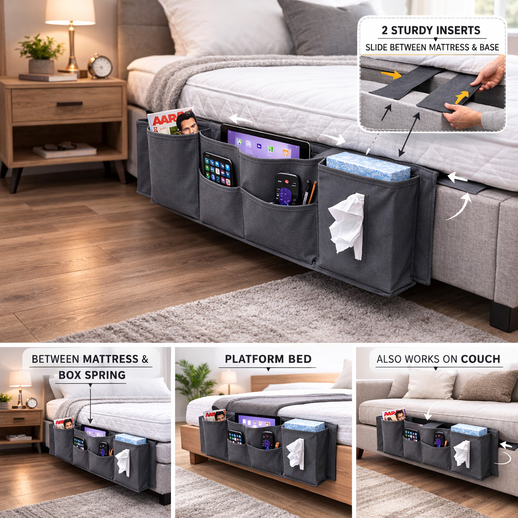 Bedside Couch Caddy Organizer 5 Pocket Hanging Storage Pouch for Bed Sofa Gray