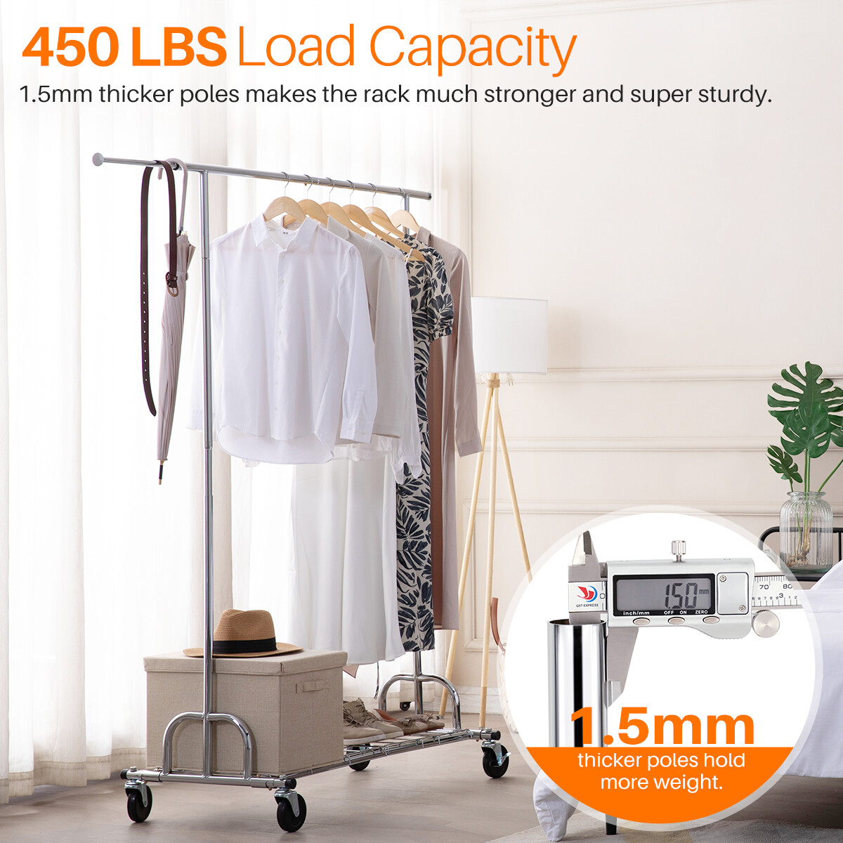 3 in 1 450lbs Collapsible Rolling Heavy Duty Clothing Garment Rack with Shelves