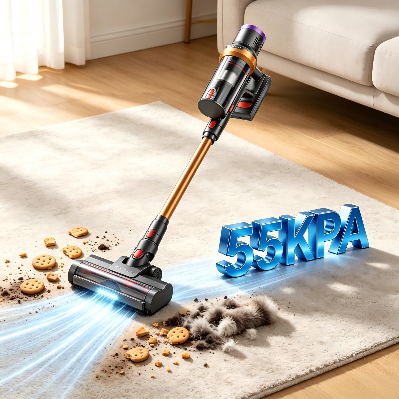 Cordless Vacuum Cleaner 55KPA Stick Rechargeble for Carpet Wooden Hardwood Floor