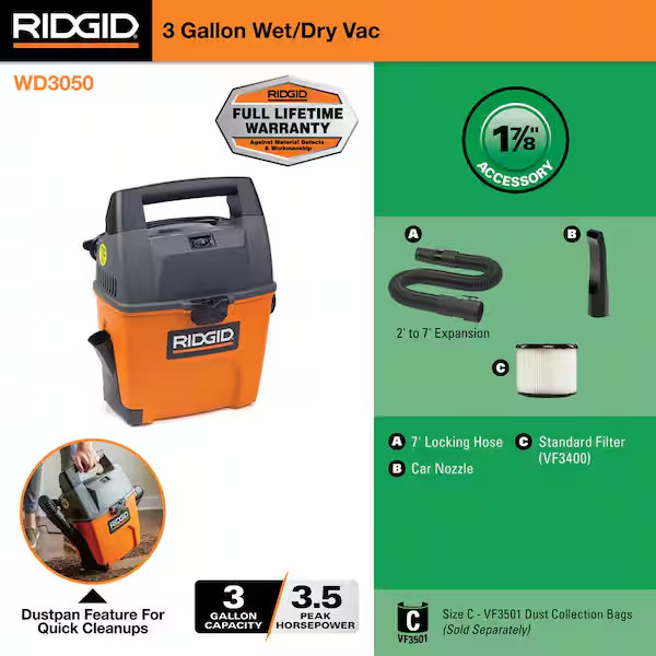 Rigid Wet Dry Vacuum Small Portable Shop Vac Cleaner Hose Lightweight 3Gal. NEW