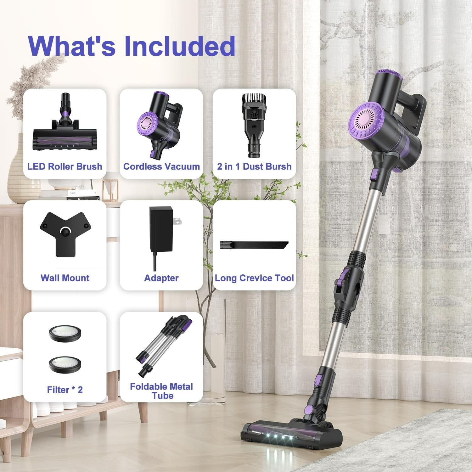 PRETTYCARE W400 Powerful Suction, Rechargeable Vacuum Cleaner, Purple