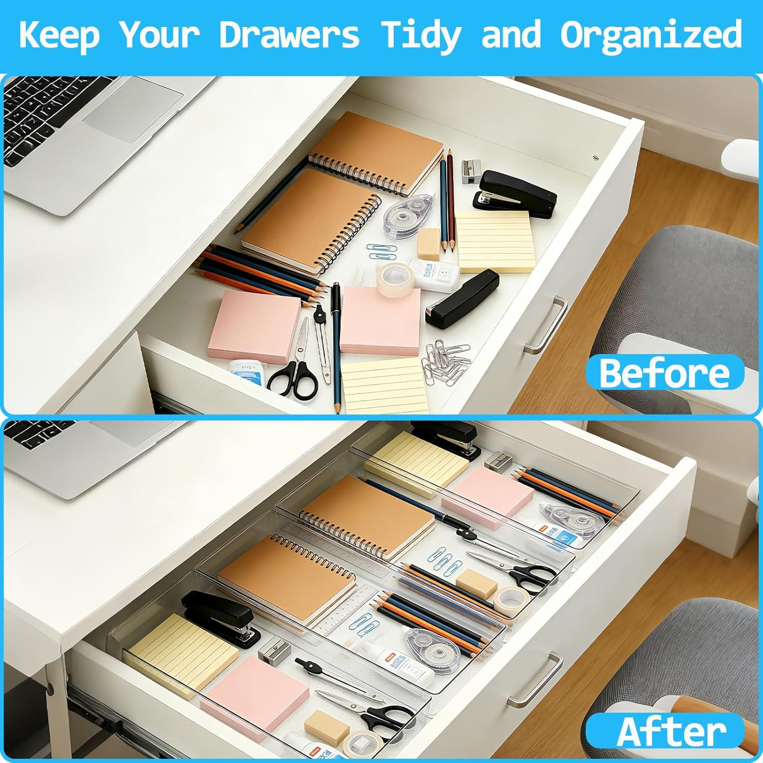 14 Pcs Clear Plastic Drawer Organizer Tray with 2 Pcs 15″x6″ Extra Large Trays,