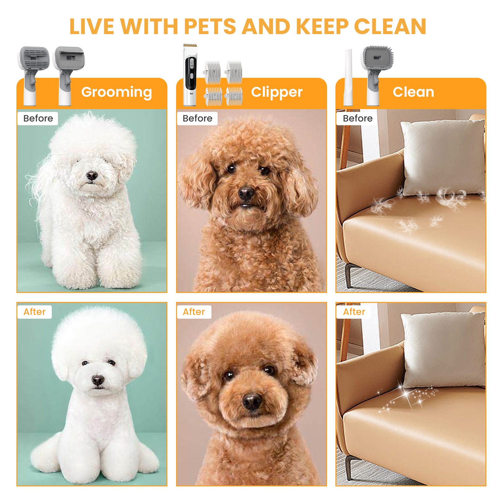 AUOSHI Wireless Pet Grooming Vacuum, 13000Pa, Low Noise, 5-in-1 Kit, 2.5L