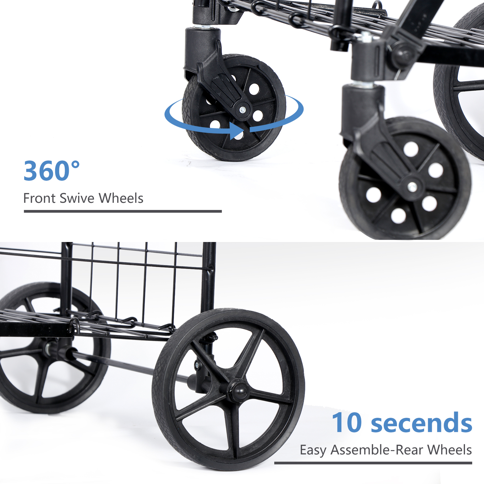 Folding Shopping Cart Rolling Trolley Utility 2 Basket W/Wheel for Laundry Black