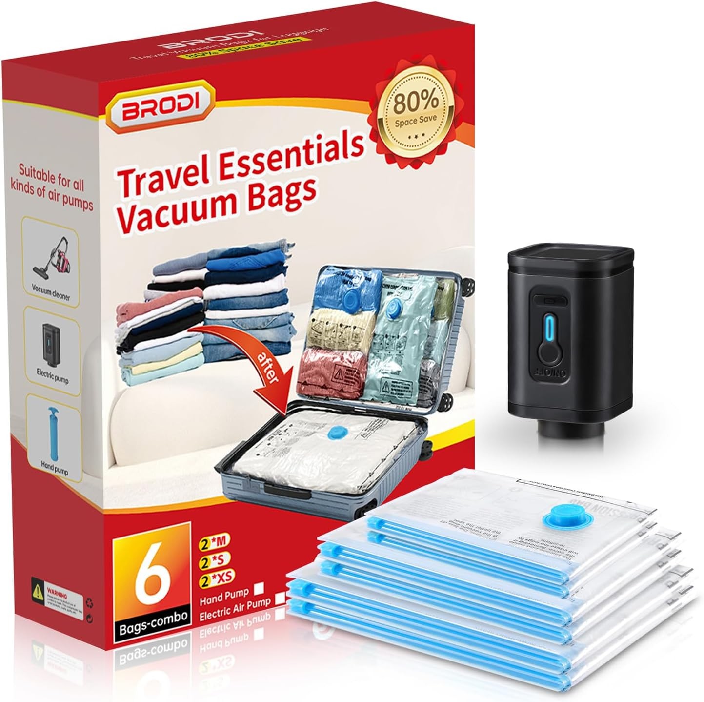 6 Combo Pack Travel Vacuum Bags with Pump – Space Saver