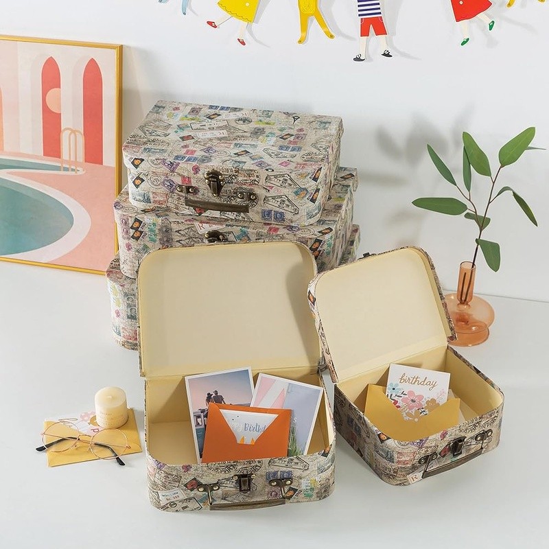 Stackable Vintage Cardboard Suitcases Decorative Storage Boxes Home Office New