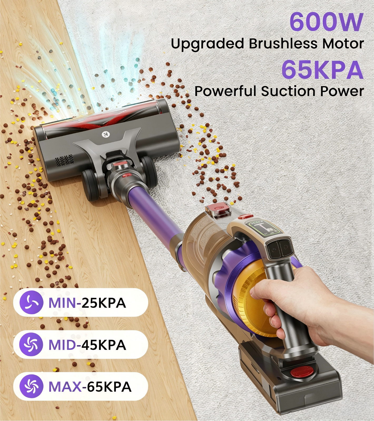 Cordless Vacuum Cleaner 65KPA 75min Stick Pet Hairs Hardwood Wooden Floor Carpet