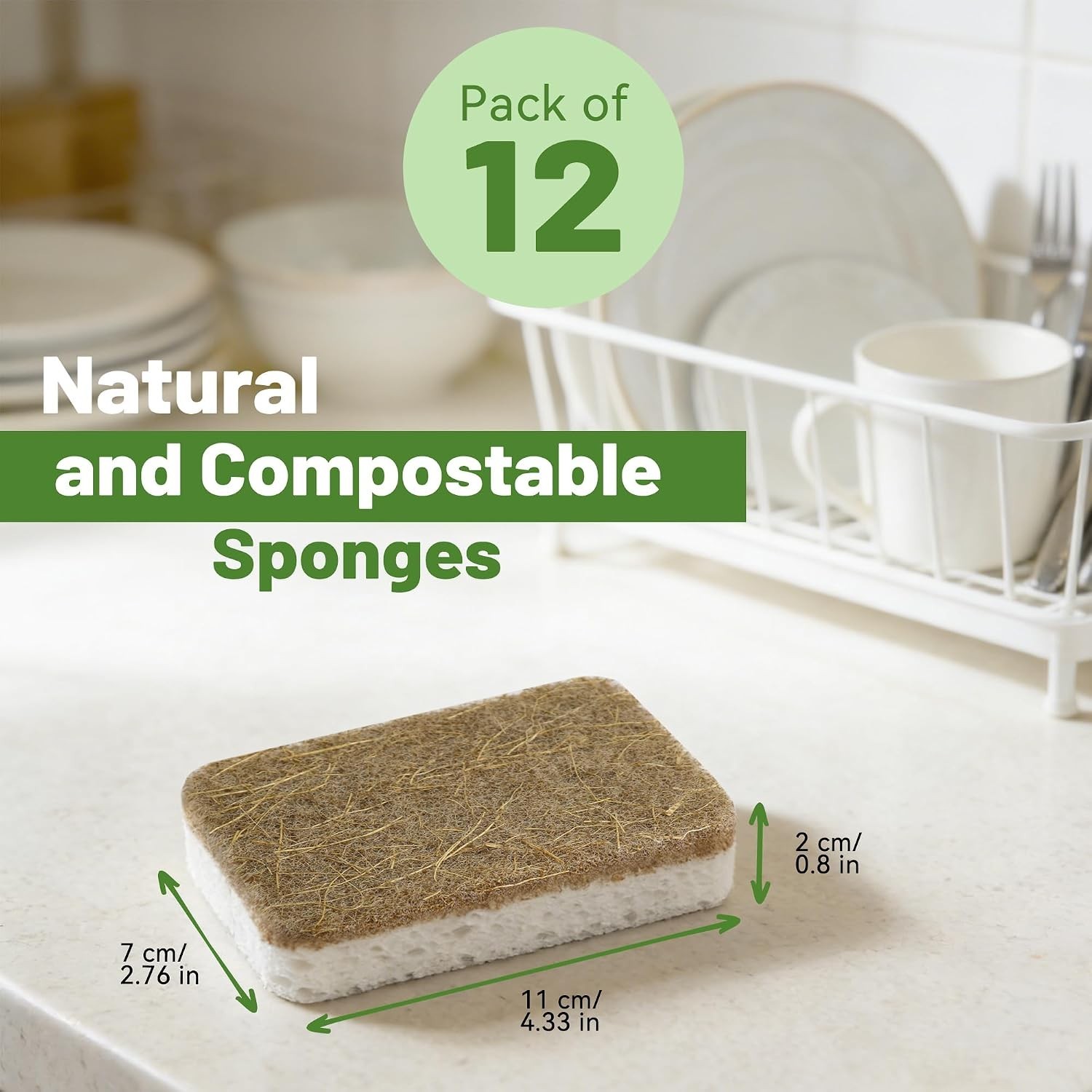12 Count Plant-Based Kitchen Sponges, Compostable Cellulose Sponge, Biodegrad…