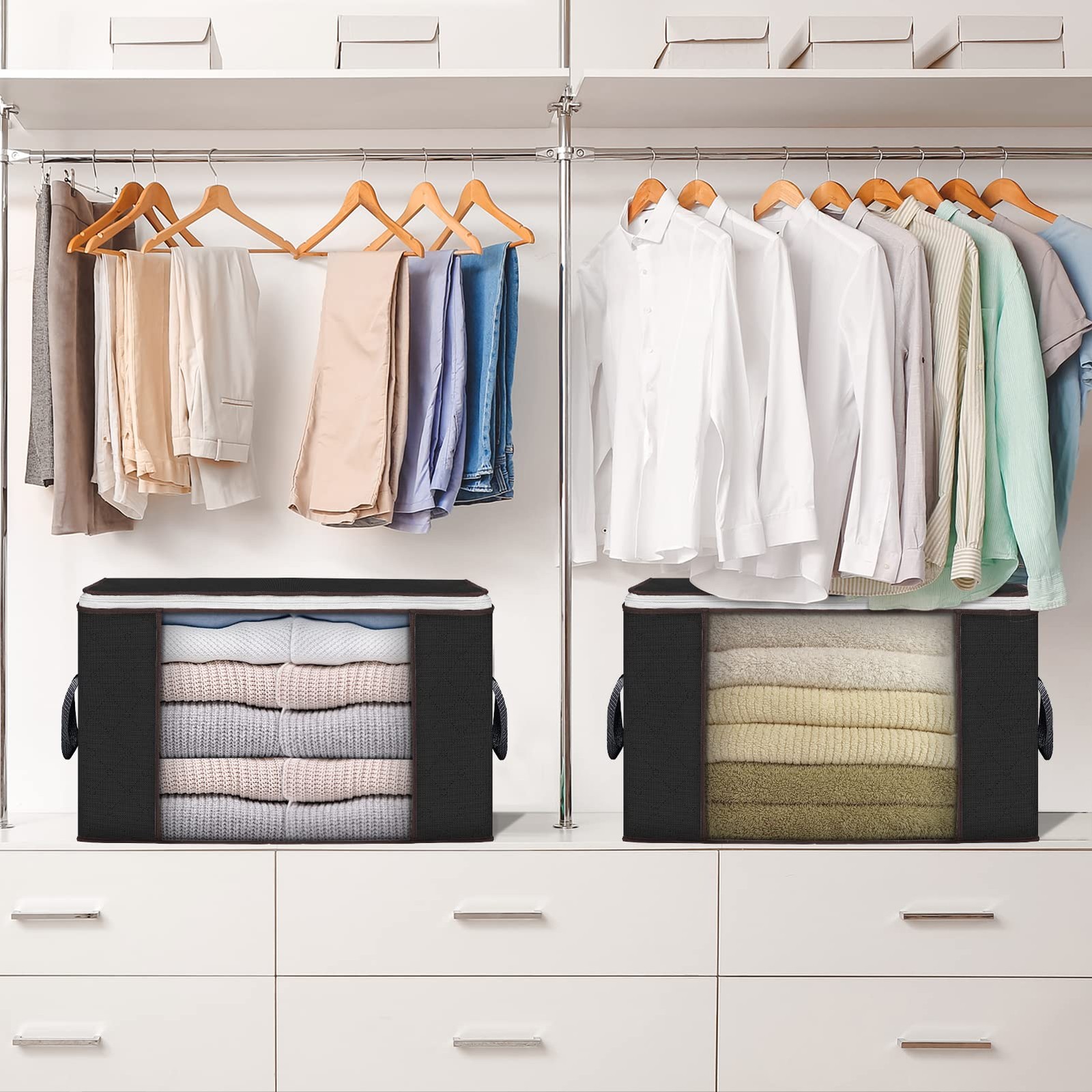 4 PCS 90L Large Clothes Storage Bags Foldable Closet Organizer Bins Black