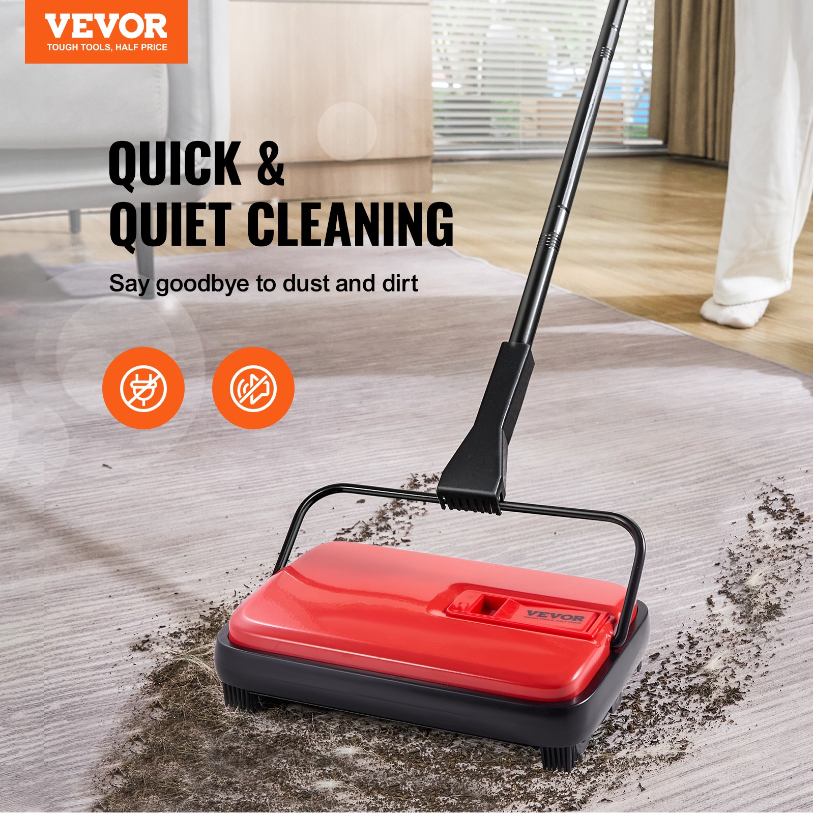VEVOR Carpet Floor Sweeper Manual 6.7 inch Width Sweeping Paths Non Electric Red